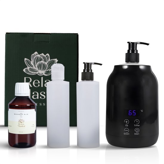 Verpakking van Relax Master met daarin een zwarte olieverwarmer, twee dispensers en een fles massageolie.