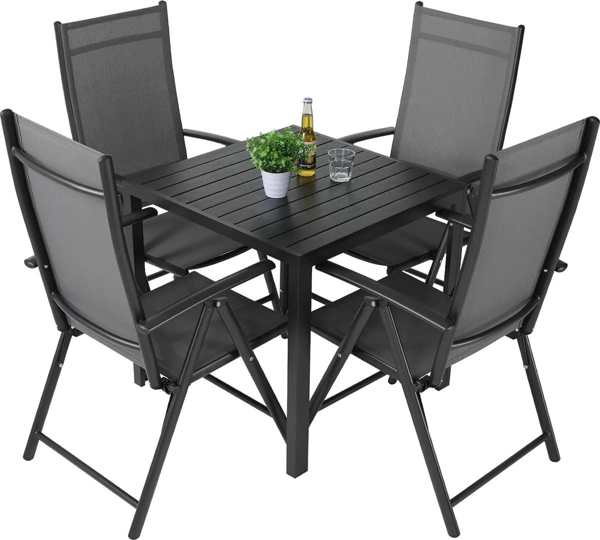 FIBILA Tuinset - Tuinmeubelen - Tuinstoelen - 5-Delige Balkonset - Tuintafel met 4 Klapstoelen - Verstelbaar - Aluminium - Zwart