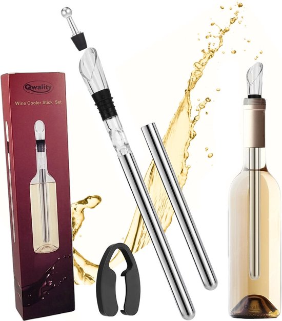 Ensemble d'accessoires de refroidissement de vin comprenant un emballage, des bâtons de refroidissement, un aérateur, un bouchon et un coupe-feuille, avec une bouteille de vin blanc.