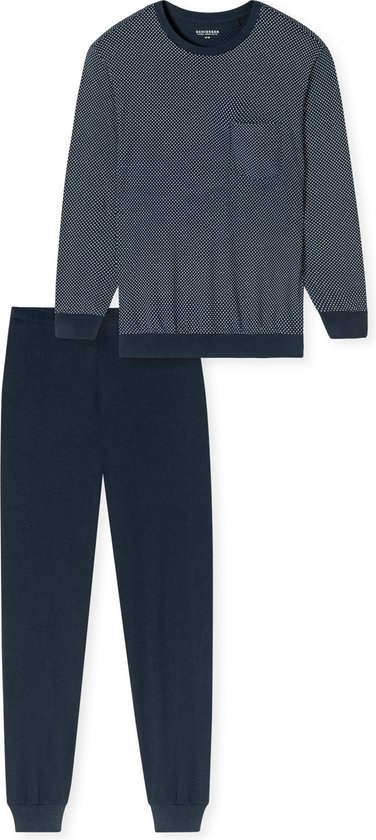 Donkerblauw pyjamaset met een all-over ruitpatroon in het wit. Lange broek en shirt met lange mouwen.