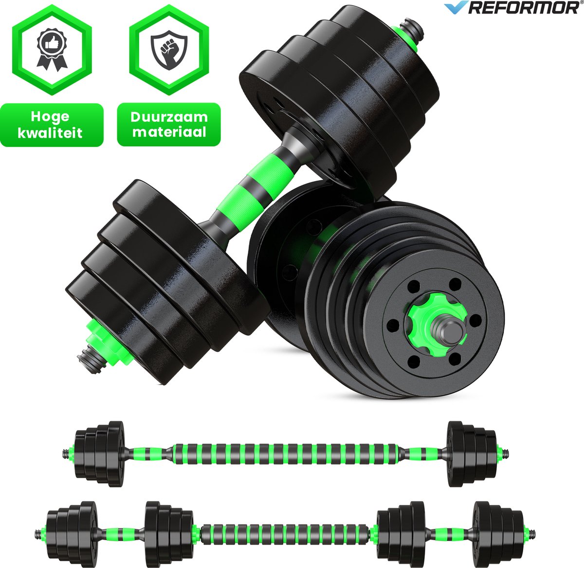 Reformor® - Halterset - Dumbells Set - Verstelbare Dumbells – 40KG - Halterstang Met Gewichten - Groen