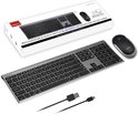 Doos met Macally Bluetooth toetsenbord en muis combo, plus het toetsenbord, muis en oplaadkabels.