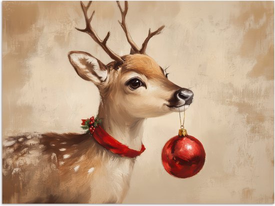 Poster 120x90 cm - Kerst - Hert - Gewei - Kerstbal - Rendier - Posters - Kamer decoratie - Wanddecoratie woonkamer - Muurdecoratie slaapkamer - Kerstversiering - Kerstdecoratie voor binnen - Kerstmis