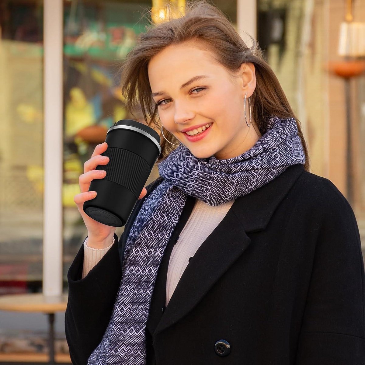 Geïsoleerde thermische reisbeker voor onderweg - herbruikbare koffiebeker voor auto - roestvrijstalen beker voor koffie water thee - 380 ml (zwart-A) — cadeau in Koken & Dineren - foto 5