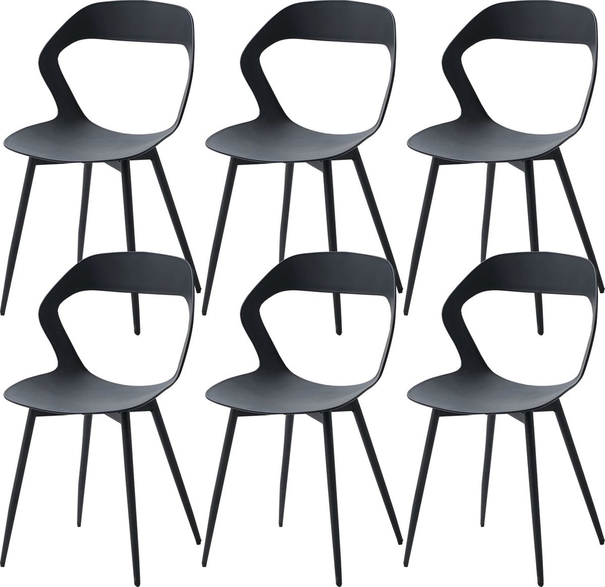 Hanimo Eetkamerstoelen Set Van 6 - Eetkamerstoelen - Scandinavisch - Open Rugleuning - Kunststof - Metalen Poten - Zwart