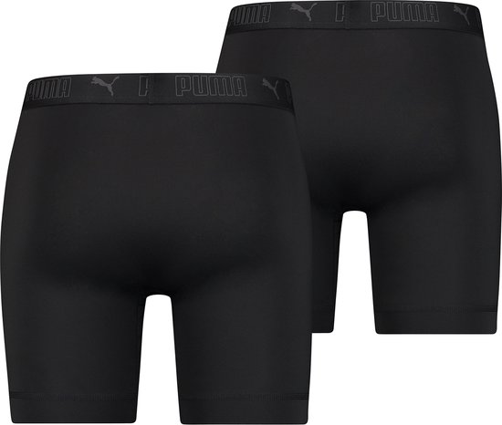 Achterkant van twee zwarte Puma boxershorts met logo-elastische band.