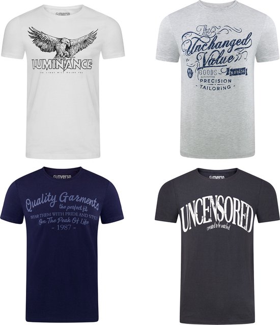 Vier T-shirts met verschillende prints: adelaar, 'Unchanged Value', 'Quality Garments' en 'UNCENSORED'.