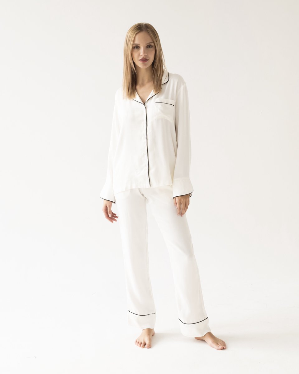 Dames pyjama Charlotte-satijn-lange mouwen & broek- zwarte accenten-wit-maat L