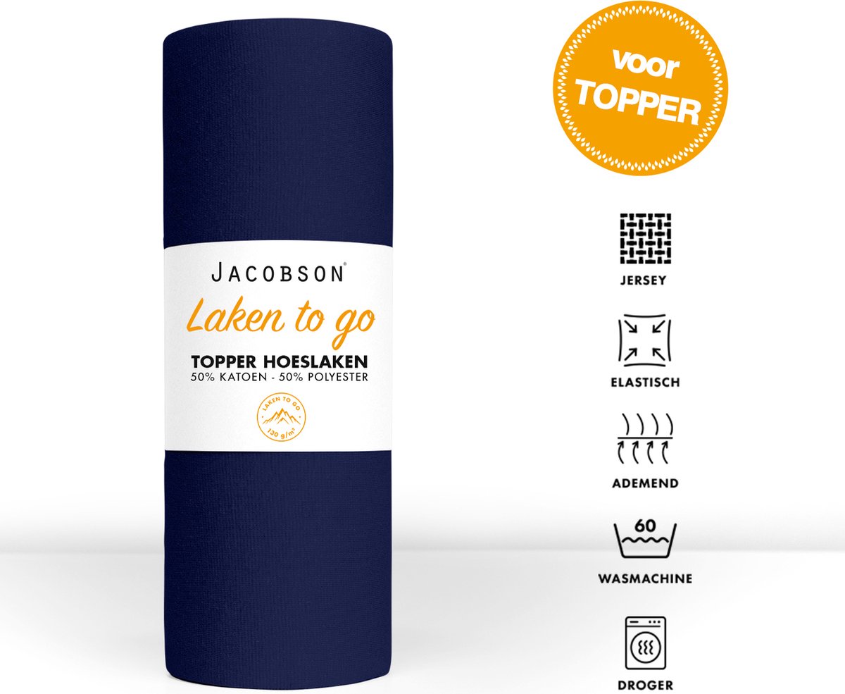 Jacobson - Hoeslaken Topper - 180x200cm - Jersey Katoen - tot 12cm matrasdikte - Donkerblauw
