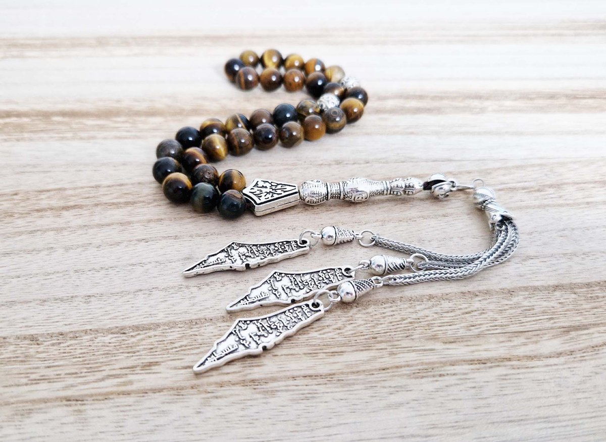 Handgemaakte tesbih "tasbih" natuursteen "Tijgeroog" - Aantal kralen 33 - Diameter kralen 8 MM - met metaal tassel "model 7" - Een mooi cadeau-idee