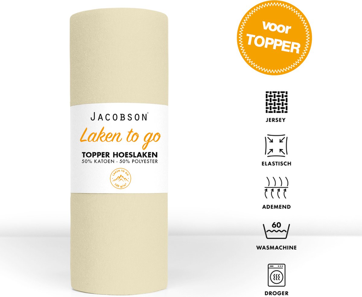 Jacobson - Hoeslaken Topper - 180x200cm - Jersey Katoen - tot 12cm matrasdikte - Natural / Crème