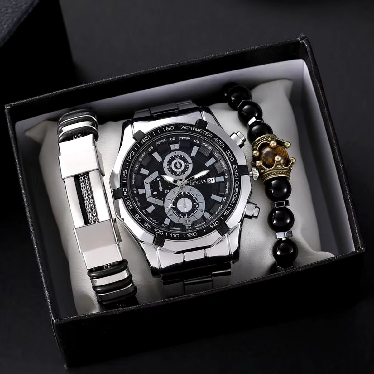 DRX Heren Quartz Horloge en armbanden - Polshorloge - Heren - Cadeau - Horloge - Geschenk - Mannen - Zilver - Polsband zilver zwart
