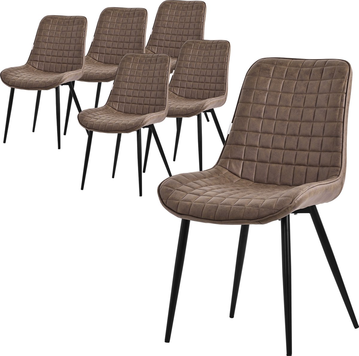 ml-design eetkamerstoelen set van 6, bruin, zitting van imitatieleer met zwarte metalen poten, keukenstoelen met rugleuning, woonkamerstoelen, gestoffeerde stoelen voor eetkamer/kantoor, armstoelen