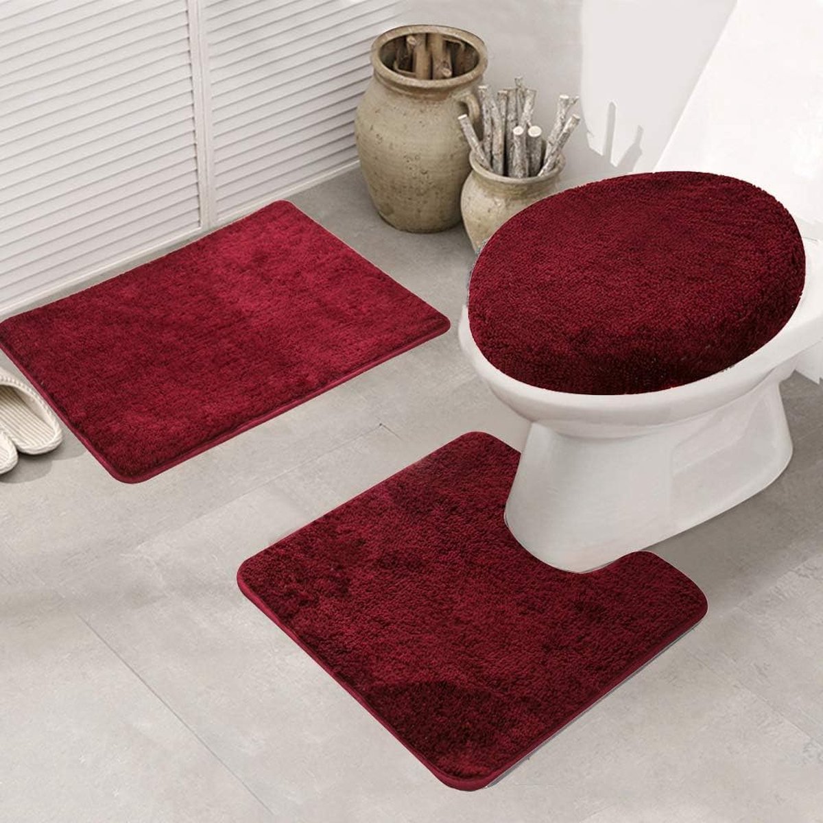 JGS ® 3-delige Luxe Badmat Set voor Badkamer en Toilet in Wijnrood