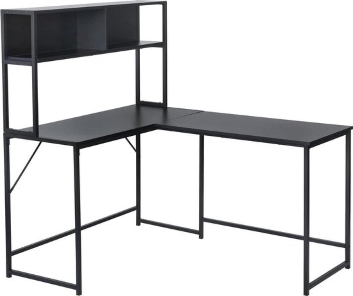 Hoekbureau L-Shape groot gaming bureau - modern minimalistisch design - zwart hout 138 x 110 x 75-135 cm met 2 metalen planken Hoekbureau