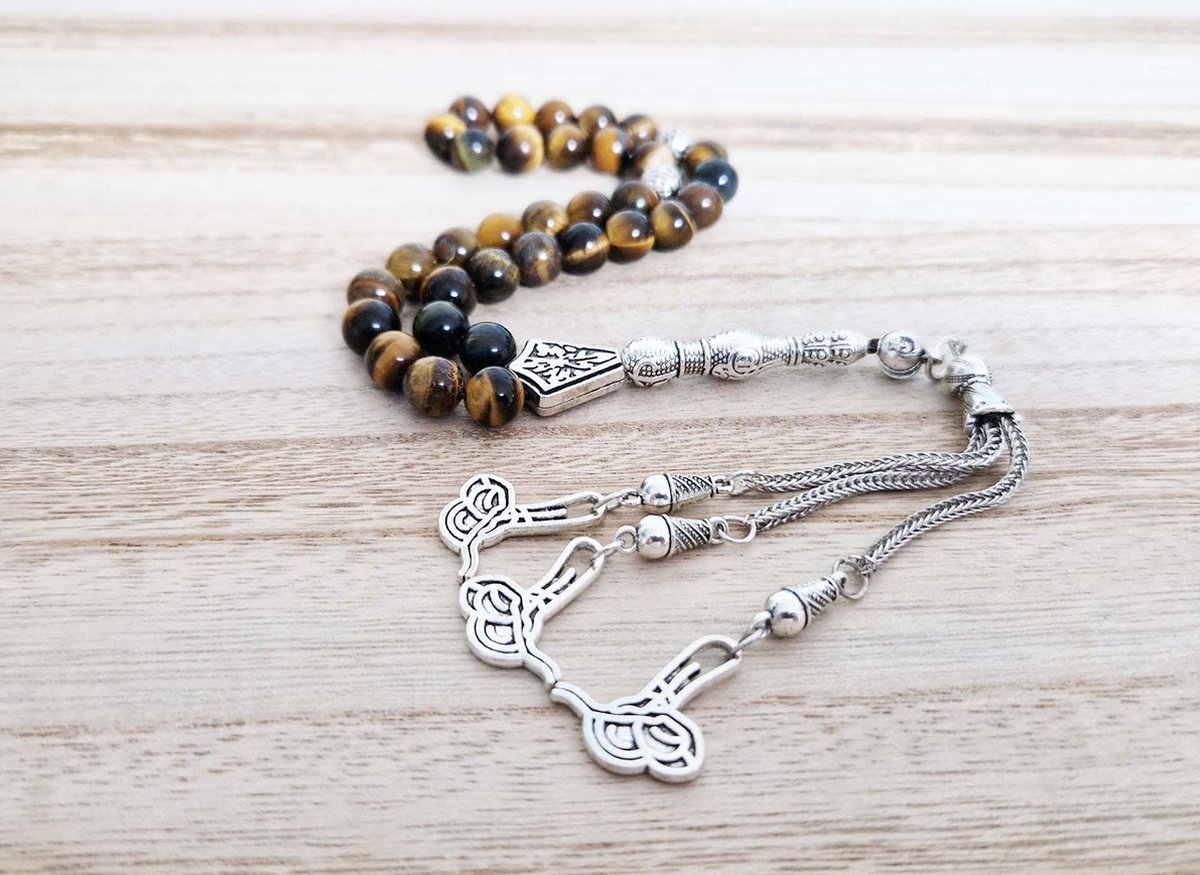 Handgemaakte tesbih "tasbih" natuursteen "Tijgeroog" - Aantal kralen 33 - Diameter kralen 8 MM - met metaal tassel "model 20" - Een mooi cadeau-idee