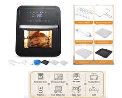 J&R Luchtfriteuse - Broodrooster oven - Airfryer - Braden - Bakken - Grill - Opwarmen - 12 Liter - Touchscreen - Groot - Zwart