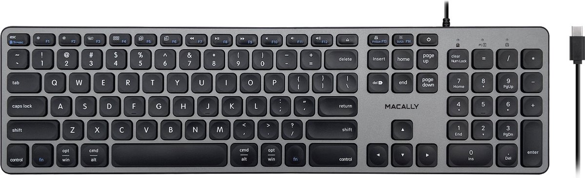 Macally UCZKEYHUBACSG Bedraad USB-C-toetsenbord met USB-hub met drie poorten voor Mac - Hub met 2 USB-A poorten en 1 USB-C poort - U.S. (Amerikaans Engels, ANSI) - Space gray