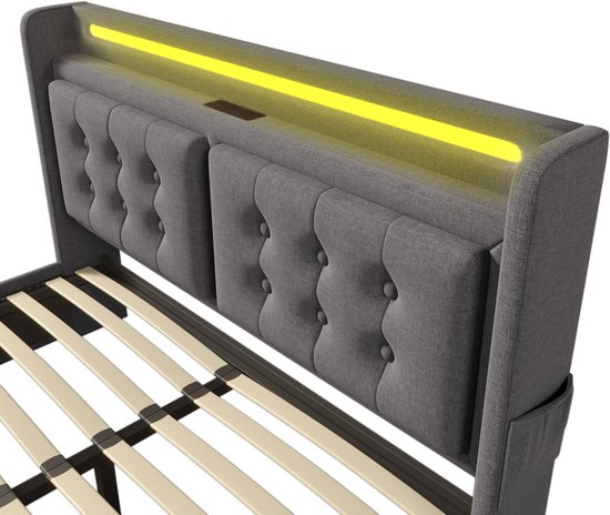 Lit double Merax 160x200 cm avec tête de lit LED et fonction de charge USB-C - Lit hydraulique avec sommier à lattes et espace de rangement - Matelas inclus - Grijs
