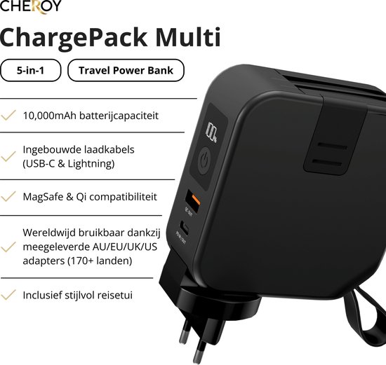 Zwarte Cheroy ChargePack Multi 5-in-1 powerbank met 10.000mAh, ingebouwde kabels en wereldstekkers.
