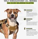 Een pitbull-achtige hond draagt een beige hondentuigje, met positieve klantrecensies.