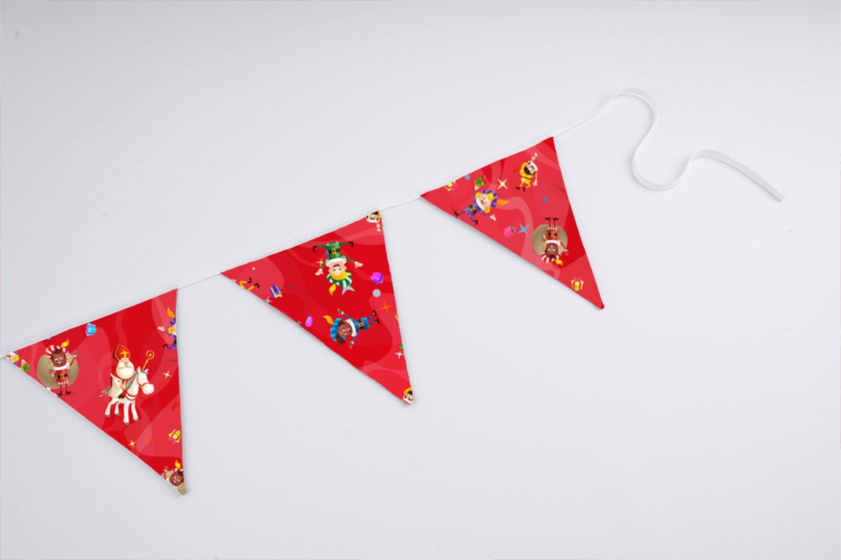 Vlaggenlijn van stof | Pietengym - 5 meter / 18 vlaggetjes - Sinterklaas en Pieten slinger (rood) met driehoek vlaggetjes - Sint en piet versiering / Sinterklaas decoratie - Stoffen slingers handgemaakt & duurzaam