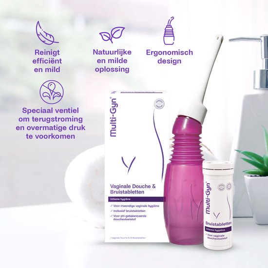 Multi-Gyn Vaginale Douche & 10 Bruistabletten - Vaginale Douche voor Intieme Hygiene, Intieme Verzorging voor optimale Vaginale Gezondheid, te gebruiken tegen afscheiding, jeuk en irritatie, Vaginale Douche spoelt schoon op efficiënte en milde wijze