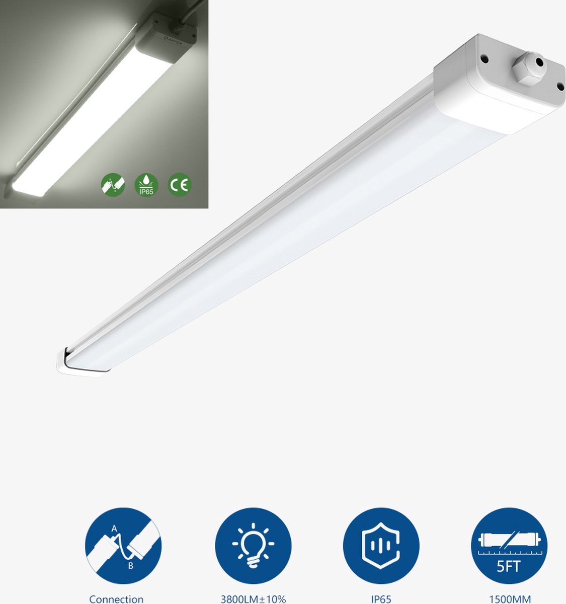 ANTENLICHT LED Vochtbestendige Armatuur Led Verlichting met Armatuur 150 cm 45W 6000K 4500lm Plafondlamp LED TL Werklamp - Koud wit