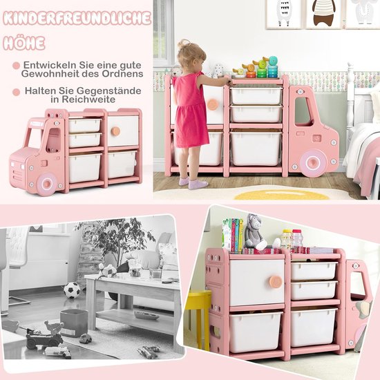 en.casa] Kinderrek Vimianzo boekenkast met 4 opbergvakken met 3 vouwdozen speelgoedkast dinosaurus motief wit groen geel kinderkamer organizer opbergvak