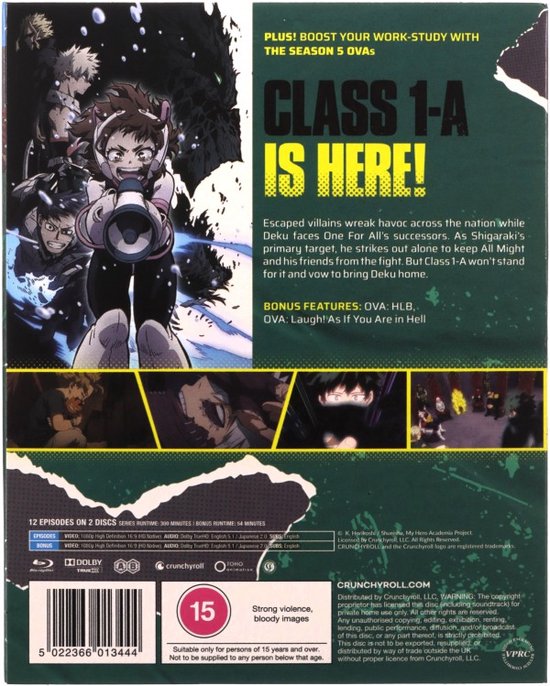 Achterkant Blu-ray hoes My Hero Academia seizoen 5 met personages, waaronder Uraraka met megafoon.