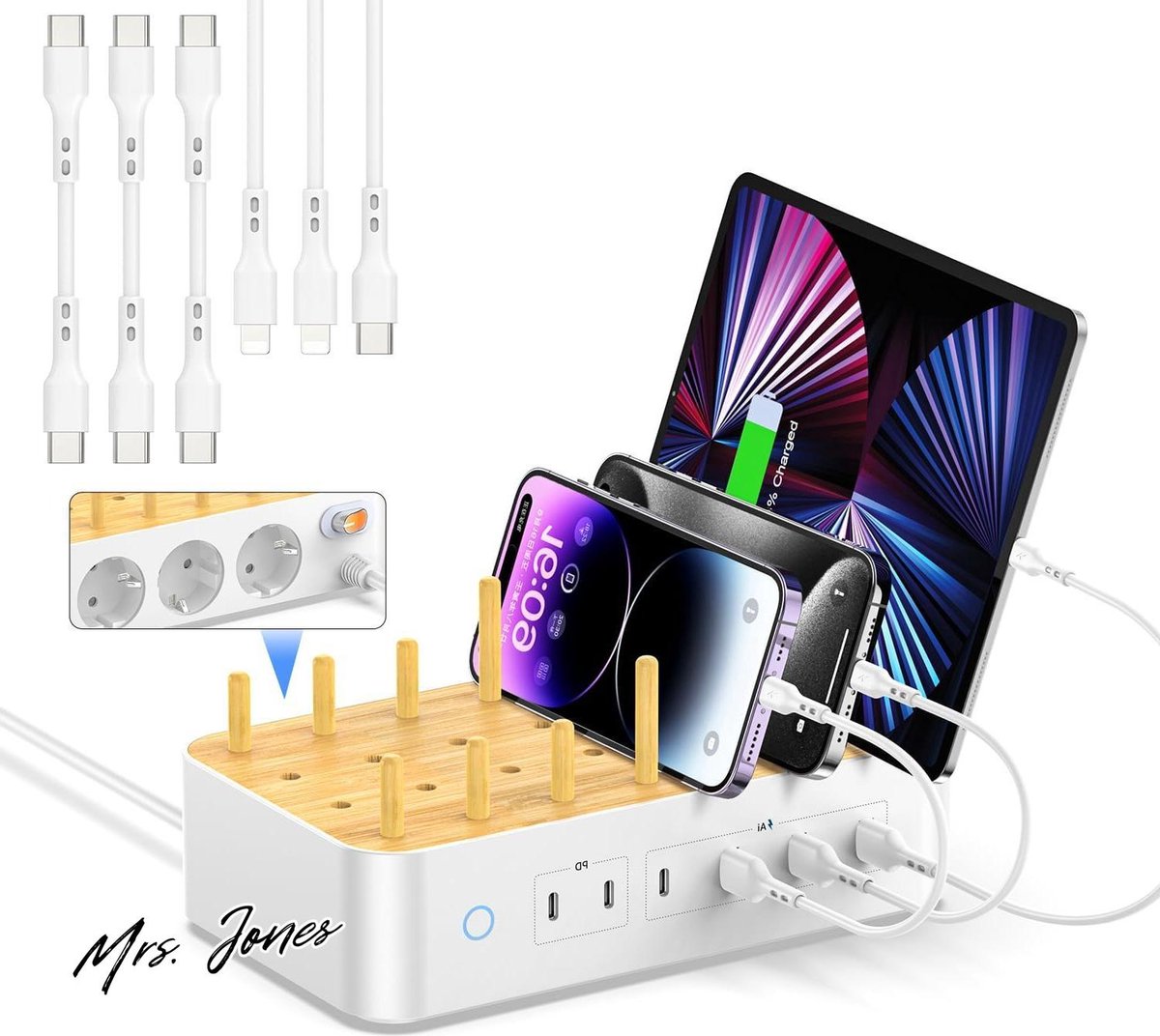 10-Port USB-C Oplaadstation, 60W Per Poort, 350W Totaal