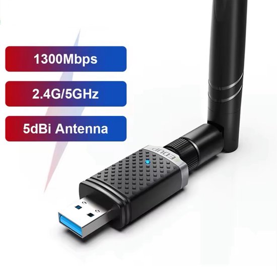 Zwarte USB wifi-adapter met 5dBi antenne. Boven de adapter staan tekstvakken: 1300Mbps, 2.4G/5GHz, 5dBi Antenna.