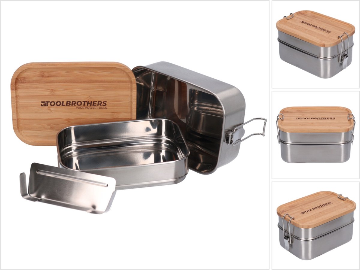 Toolbrothers Fan roestvrijstalen broodtrommel met 2 lagen en bamboe deksel 1340 ml