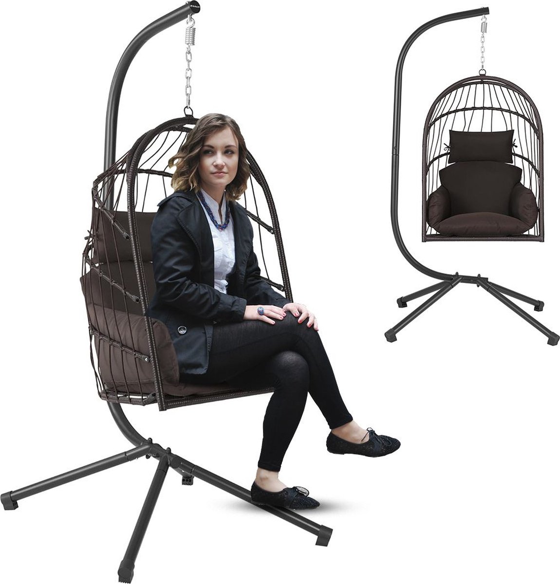 ApexArte® Egg Hangstoel - Hangstoel met Standaard - Chair voor Binnen en Buiten - Bruin