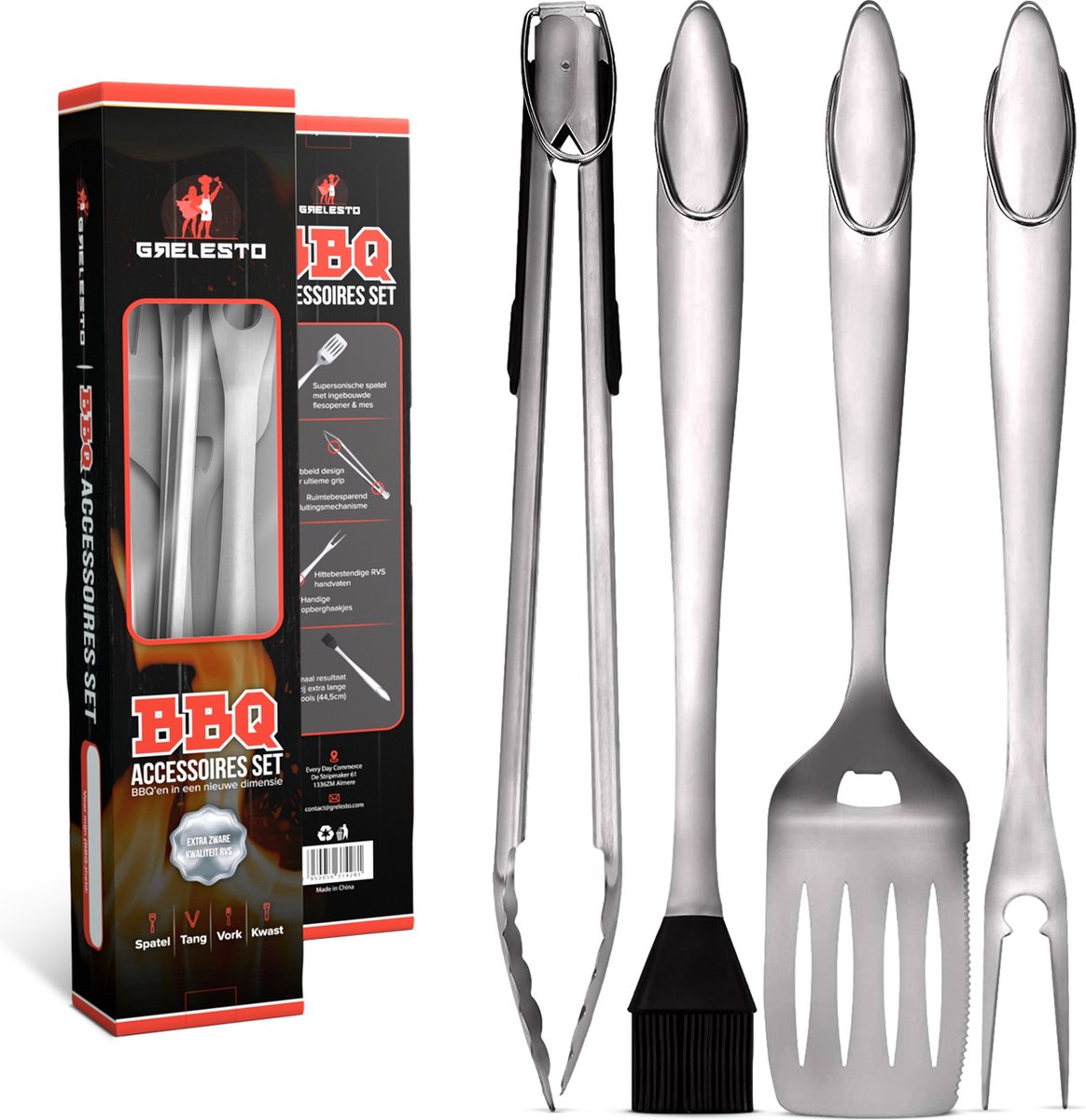 Grelesto BBQ Gereedschap Set - Barbecue Accesoires - Spatel, Tang, Kwast & Vork - 45CM
