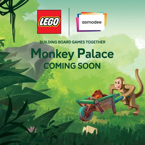 Een promotionele afbeelding voor LEGO Monkey Palace "Coming Soon" met een aap, kruiwagen en LEGO-logo's.