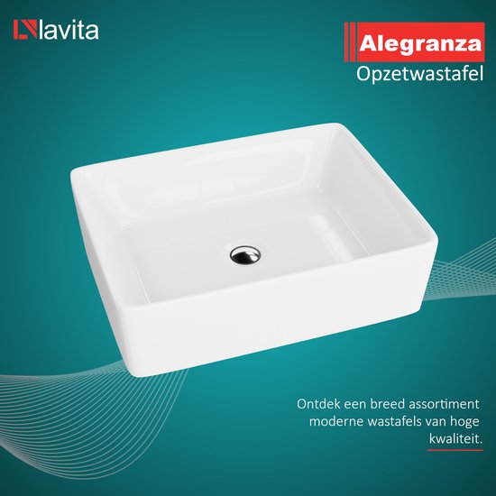 Witte rechthoekige opzetwastafel Alegraza van Lavita. Moderne wastafel van hoge kwaliteit.