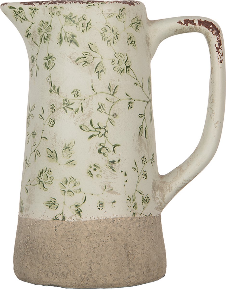 Clayre & Eef Decoratie Kan 16x11x20 cm Groen Beige Keramiek Bloemen