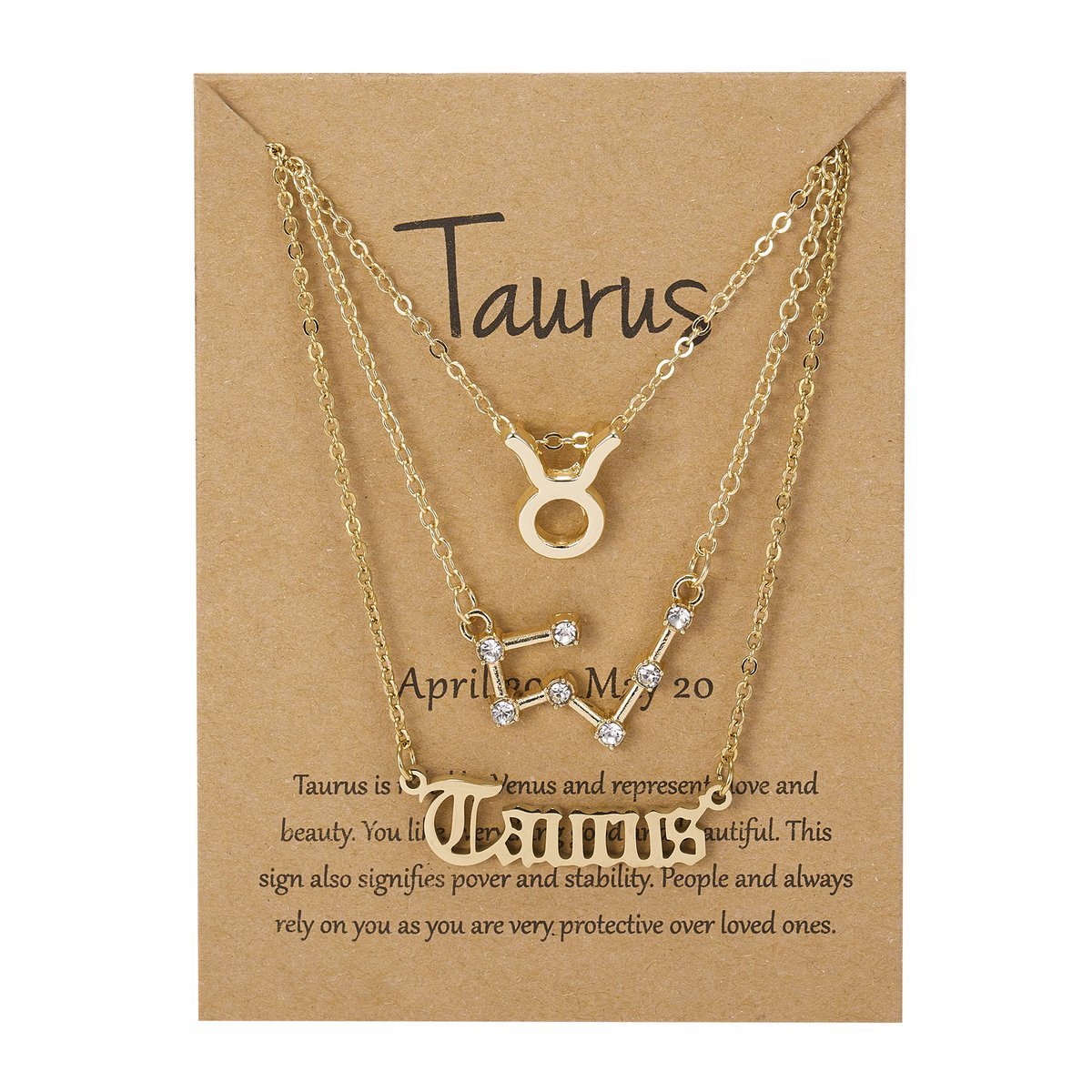 Bixorp Stars Set van 3 Stier / Taurus Kettingen - Goudkleurige Ketting op Cadeau Kaartje - Sterrenbeeld / Zodiac Sieraden Set