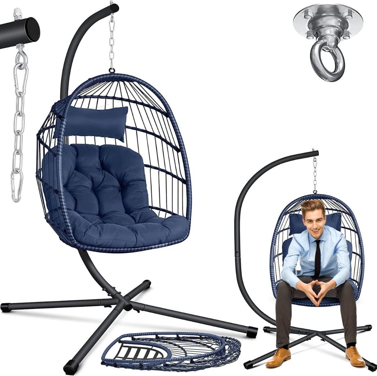 ApexArte® Egg Hangstoel - Hangstoel met Standaard - Chair voor Binnen en Buiten - Marineblauw