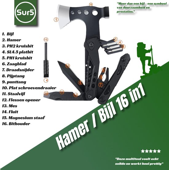 SUR5® Survival Set Premium NL / BE - Kit d'urgence le plus complet et de haute qualité - Kit de Survie pour toutes vos aventures en outdoor avec outil multifonction 16 en 1 de haute qualité, filtre à eau 2.0, boussole,... - Bushcraft - Zwart