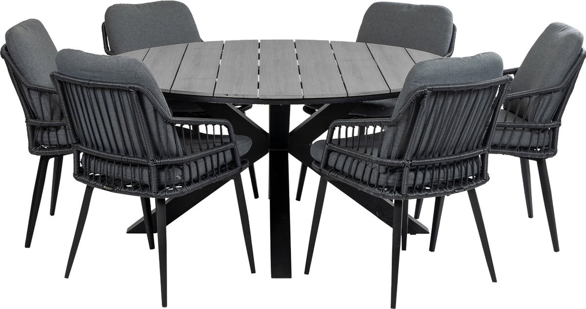 7-delige ronde tuinset | 6 Isabel tuinstoelen (Black) | ø150cm Cyprus tuintafel (Grey)