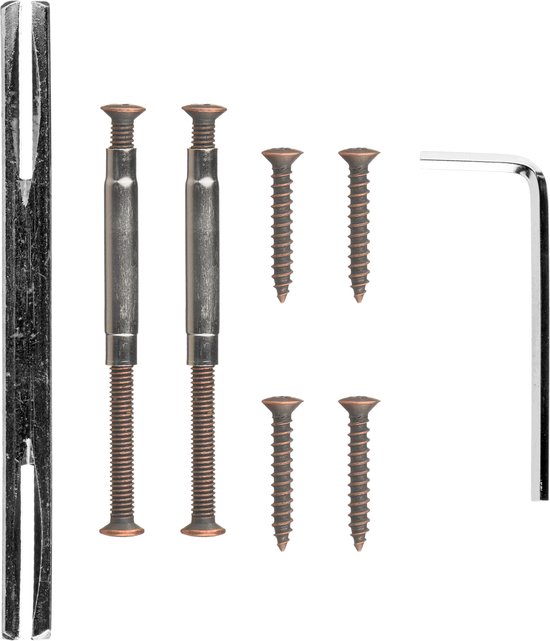 Bevestigingsmateriaal voor deurklink: metalen stift, twee schroeven, vier houtschroeven en een inbussleutel.