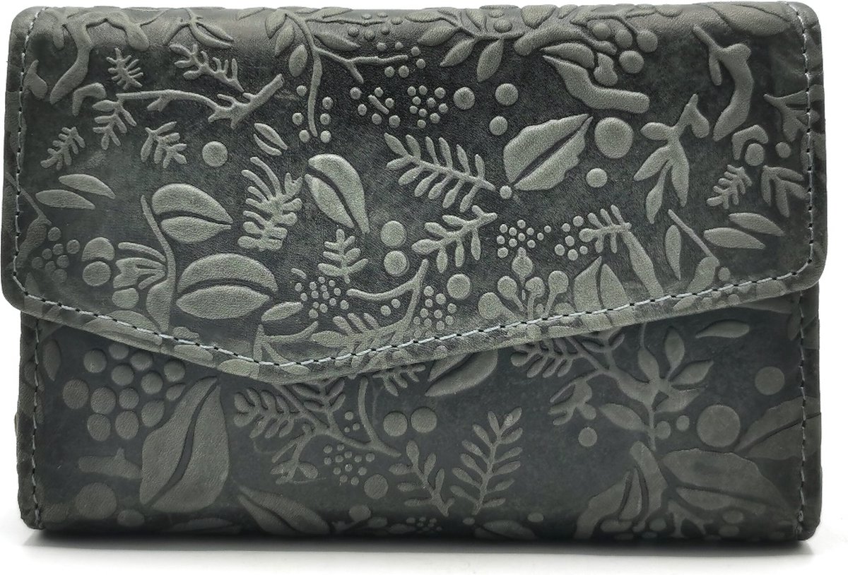 Hillburry Overslagportemonnee met Relief Bladeren - met RFID-bescherming - Grijs - (bxhxd) ca. 14cm x 9,5cm x 3,5cm