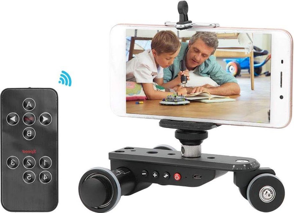 Camera Video Auto Dolly PPL-06S Pro 90 Graden Draaibaar Schieten - Gemotoriseerde Railschuif Dolly Car - Afstandsbediening - 5 Snelheden Aanpassen - DSLR-camera Smartphones - Professionele Videografie .