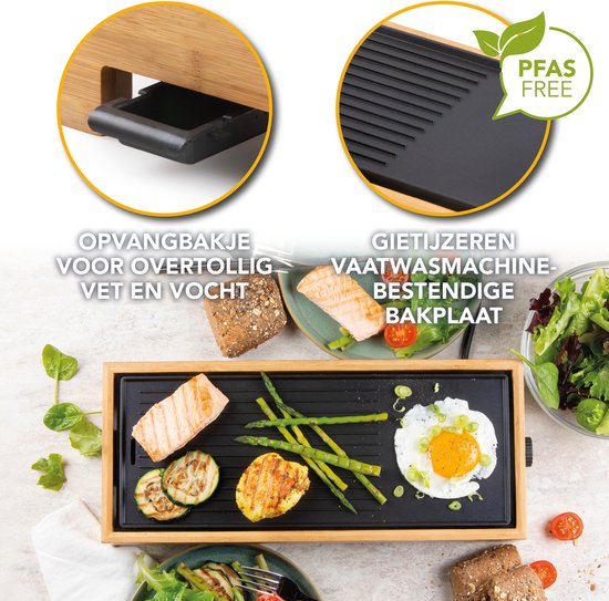 DOMO DO9270G Plancha Grill Bamboo Style 'Just Us' - Grillplaat - Tafelgrill - Gourmet bakplaat voor op tafel - 2 personen - PFAS Vrij - 1000W - Bamboe — afbeelding 5