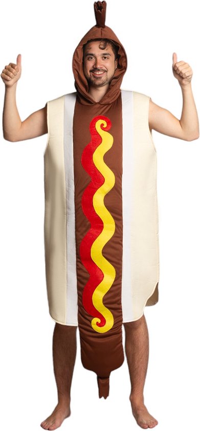 Partychimp Hotdog Kostuum Volwassenen Carnavalskleding Heren Carnavalskleding Dames Vrijgezellenfeest Kostuum Vermomming Carnaval Eten Kostuum Grappig - Bruin/Rood/Geel - Polyester - Unisex - 1-Delig Kostuum - One Size