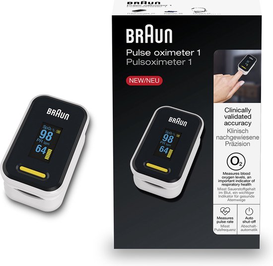 Braun pulsoximeter 1 verpakking, met productafbeelding en informatie over klinisch gevalideerde nauwkeurigheid.