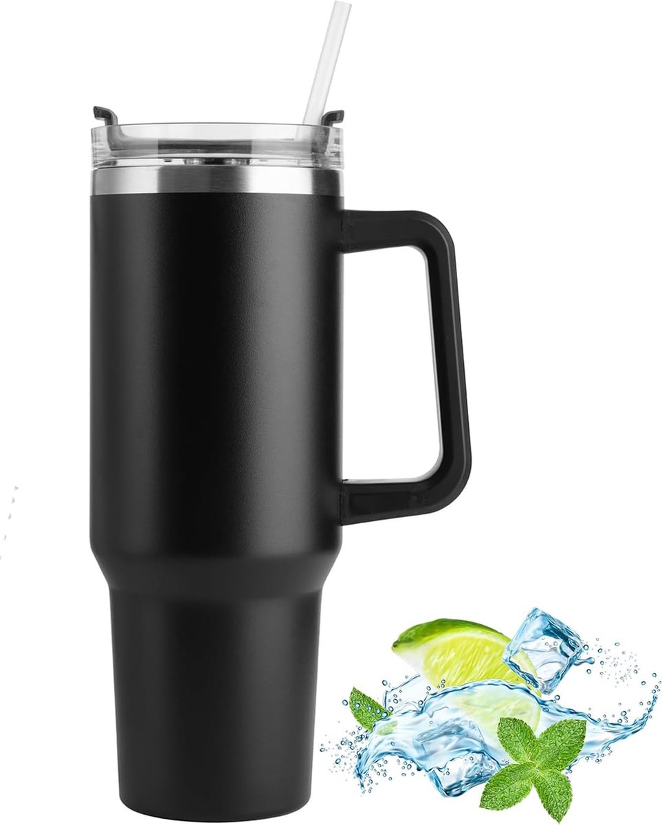 La'Moussawi ® Thermobeker met Rietje en Handvat, Dubbelwandige Isolatie voor Koude en Warme Dranken, 1182 ml, Zwart