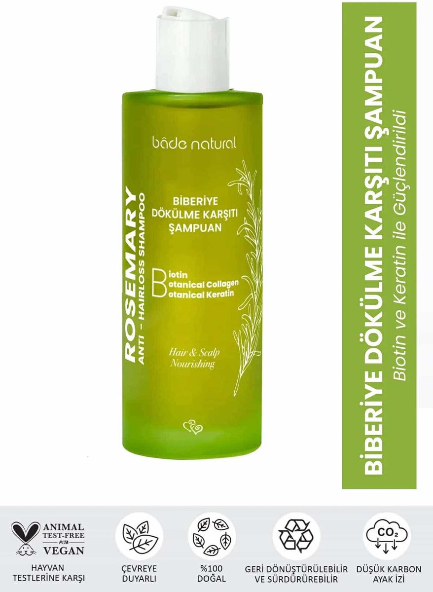 Bade Natural Rozemarijn Shampoo – Met Biotine, Keratine & Collageencomplex – Verzorgende Shampoo voor Sterker en Vol Ogend Haar – 200 ml